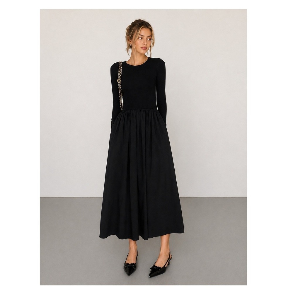 NWT Commense Black Midi Dress Long Sleeve Casual Minimalist Fall Dress Size L